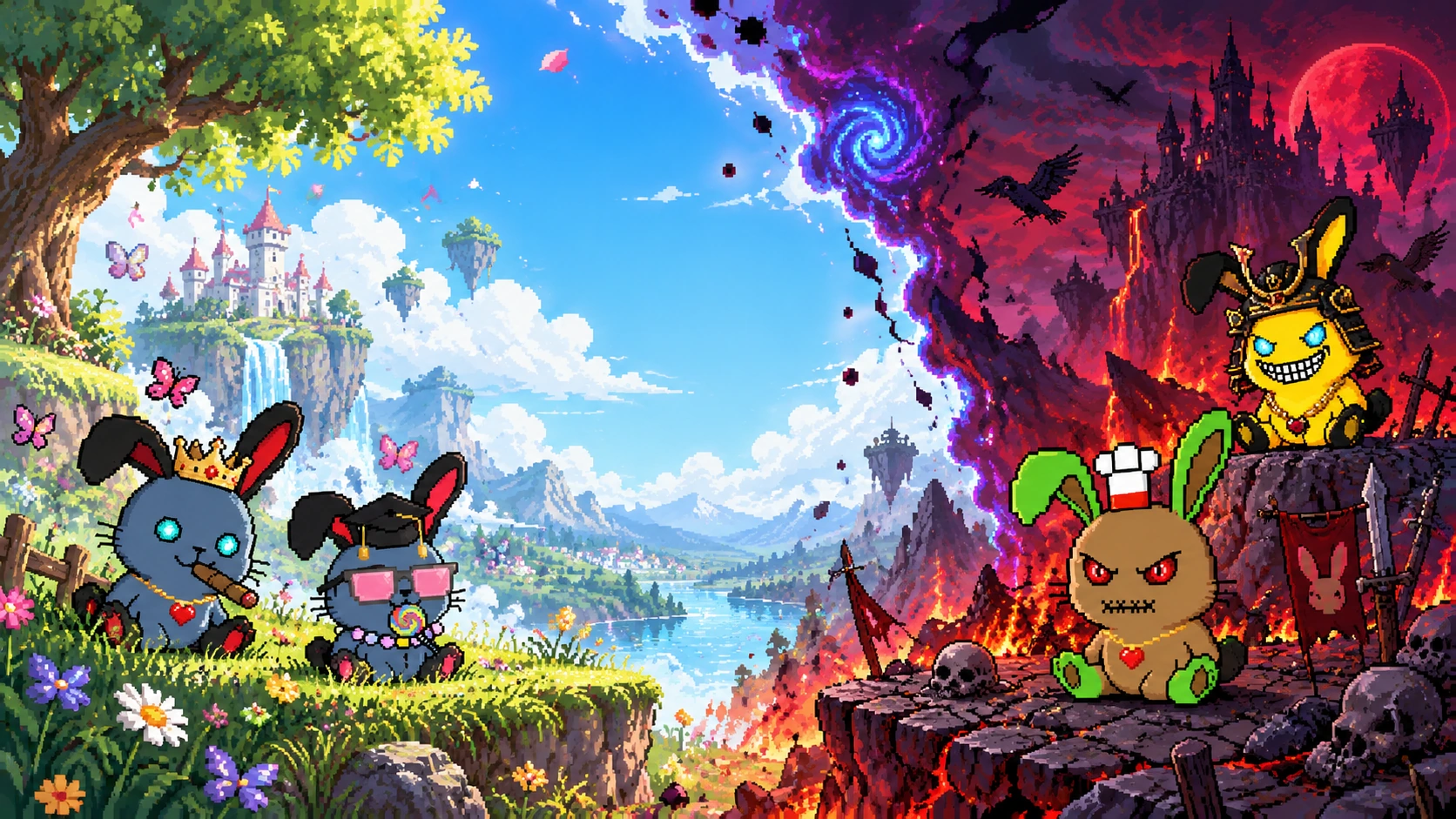 Buniz cute and evil split-world artwork